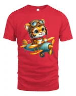Cute Pilot Tiger Graphic T Shirt Flying Adventure Art - red t-shirt on white background