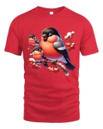 Cute Winter Birds Graphic T Shirt Cozy Nature Artwork - red t-shirt on white background