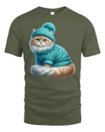 Cute Winter Cat Sweater Graphic T Shirt Cozy Warm Vibes - military green t-shirt on white background