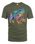 Colorful Poison Frog Graphic T Shirt Vibrant Jungle Art - military green t-shirt on white background