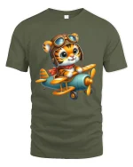 Cute Pilot Tiger Graphic T Shirt Flying Adventure Art - military green t-shirt on white background
