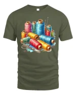 Colorful Sewing Thread Graphic T Shirt Creative Craft Art - military green t-shirt on white background