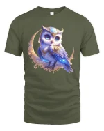 Mystic Moon Owl Graphic T Shirt Enchanted Night Art - military green t-shirt on white background
