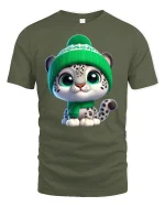 Cute Snow Leopard Kitten Graphic T Shirt Cozy Winter Vibe - military green t-shirt on white background