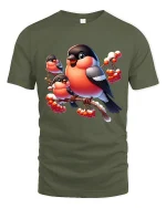 Cute Winter Birds Graphic T Shirt Cozy Nature Artwork - military green t-shirt on white background