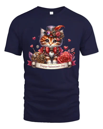 Steampunk Valentine Cat Graphic T Shirt Romantic Art Style - navy t-shirt on white background