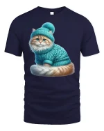 Cute Winter Cat Sweater Graphic T Shirt Cozy Warm Vibes - navy t-shirt on white background