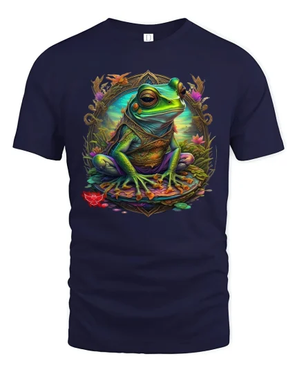 Mystic Frog Fantasy Graphic T Shirt Enchanted Nature Art - navy t-shirt on white background