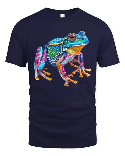 Colorful Poison Frog Graphic T Shirt Vibrant Jungle Art - navy t-shirt on white background