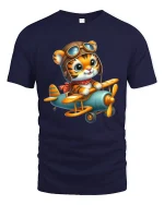 Cute Pilot Tiger Graphic T Shirt Flying Adventure Art - navy t-shirt on white background