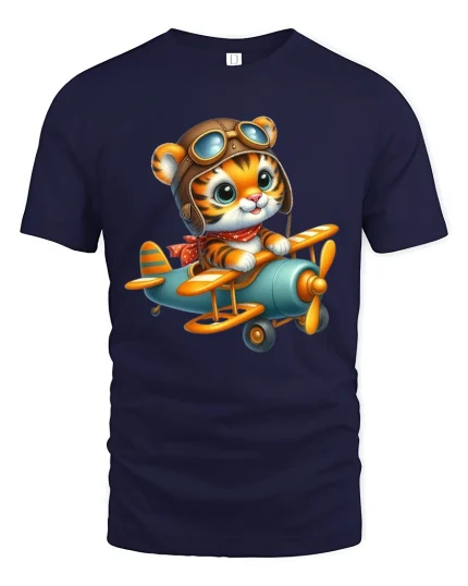 Cute Pilot Tiger Graphic T Shirt Flying Adventure Art - navy t-shirt on white background