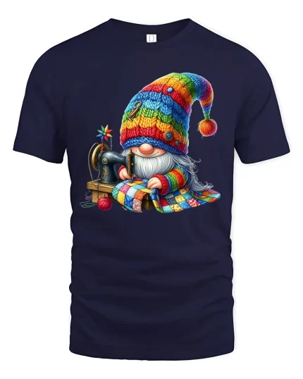 Cute Sewing Gnome Graphic T Shirt Cozy Crafty Art - navy t-shirt on white background