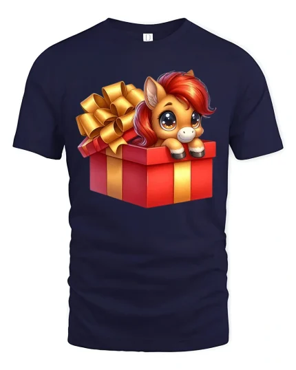 Cute Pony Gift Box Graphic T Shirt Sweet Surprise Art - navy t-shirt on white background