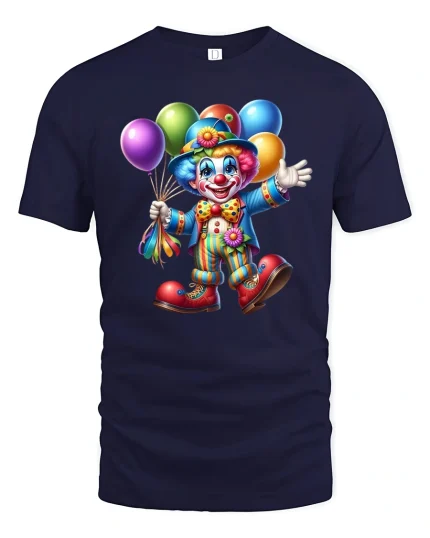 Happy Balloon Clown Graphic T Shirt Colorful Fun Style - navy t-shirt on white background