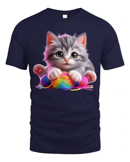 Cute Kitten With Yarn Graphic T Shirt Cozy Playful Art - navy t-shirt on white background