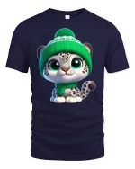 Cute Snow Leopard Kitten Graphic T Shirt Cozy Winter Vibe - navy t-shirt on white background