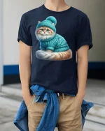 Cute Winter Cat Sweater Graphic T Shirt Cozy Warm Vibes - model wearing navy tee with hands in pockets
