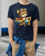 Cute Pilot Tiger Graphic T Shirt Flying Adventure Art - model wearing navy tee with hands in pockets