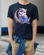 Mystic Moon Owl Graphic T Shirt Enchanted Night Art - model wearing navy tee with hands in pockets