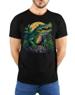 Fierce Jungle Alligator Graphic T Shirt Wild Nature Power - model wearing black tee with hands behind back