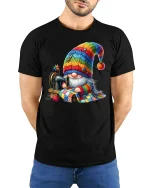 Cute Sewing Gnome Graphic T Shirt Cozy Crafty Art - model wearing black tee with hands behind back