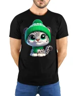 Cute Snow Leopard Kitten Graphic T Shirt Cozy Winter Vibe - model wearing black tee with hands behind back