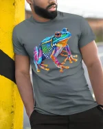 Colorful Poison Frog Graphic T Shirt Vibrant Jungle Art - model wearing grey tee, leaning on column