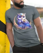 Mystic Moon Owl Graphic T Shirt Enchanted Night Art - model wearing grey tee, leaning on column