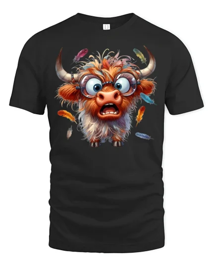 Funny Crazy Highland Cow Graphic T Shirt Wild Cartoon Art - black t-shirt on white background