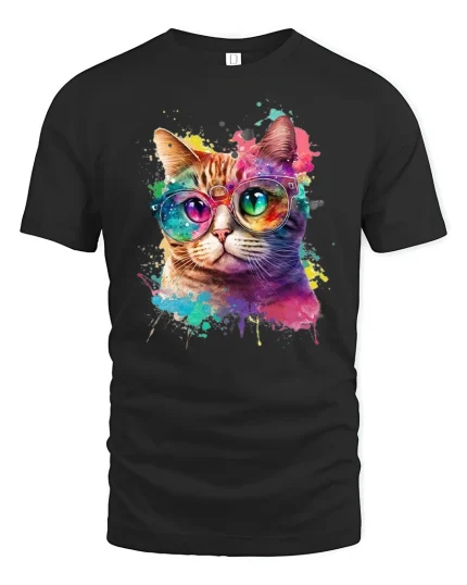 Colorful Cat With Glasses Graphic T Shirt Vibrant Art Style - black t-shirt on white background
