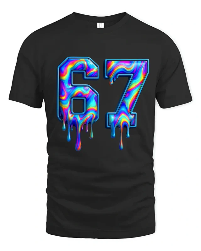 67 Drip Color Graphic T Shirt Melting Rainbow Number Art - black t-shirt on white background