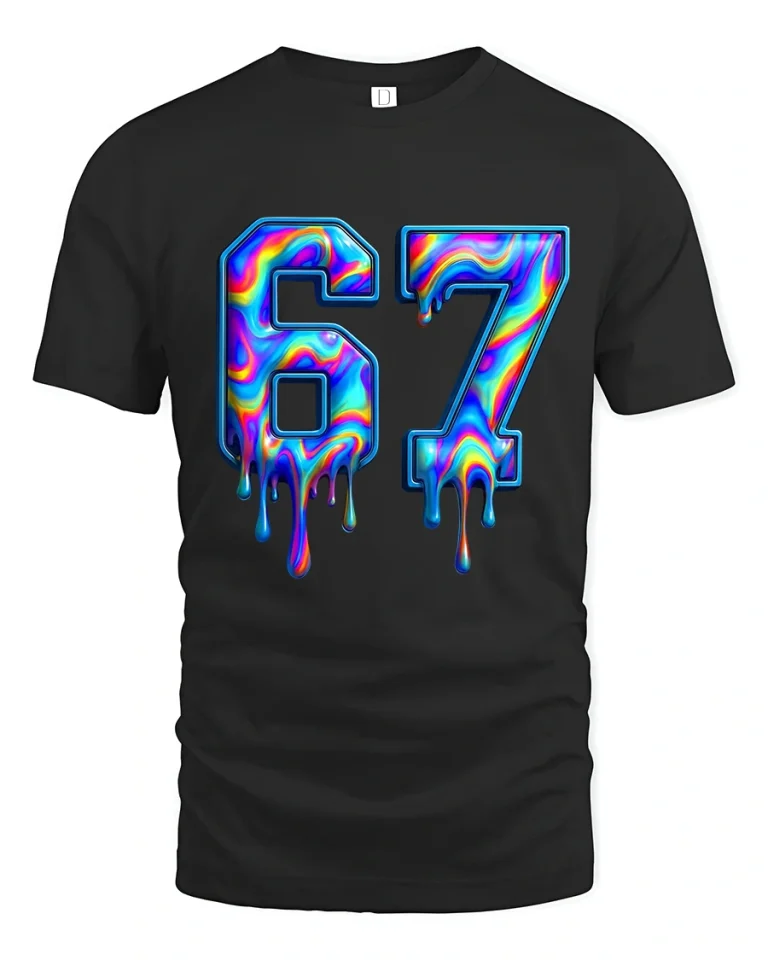 67 Drip Color Graphic T Shirt Melting Rainbow Number Art - black t-shirt on white background