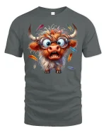 Funny Crazy Highland Cow Graphic T Shirt Wild Cartoon Art - gray t-shirt on white background