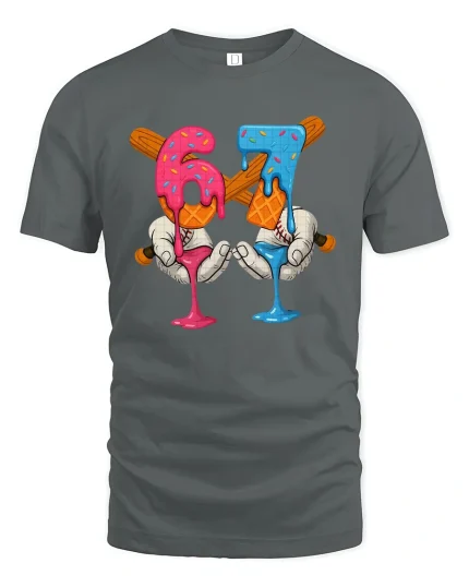 67 Ice Cream Baseball Graphic T Shirt Funny Drip Art - gray t-shirt on white background