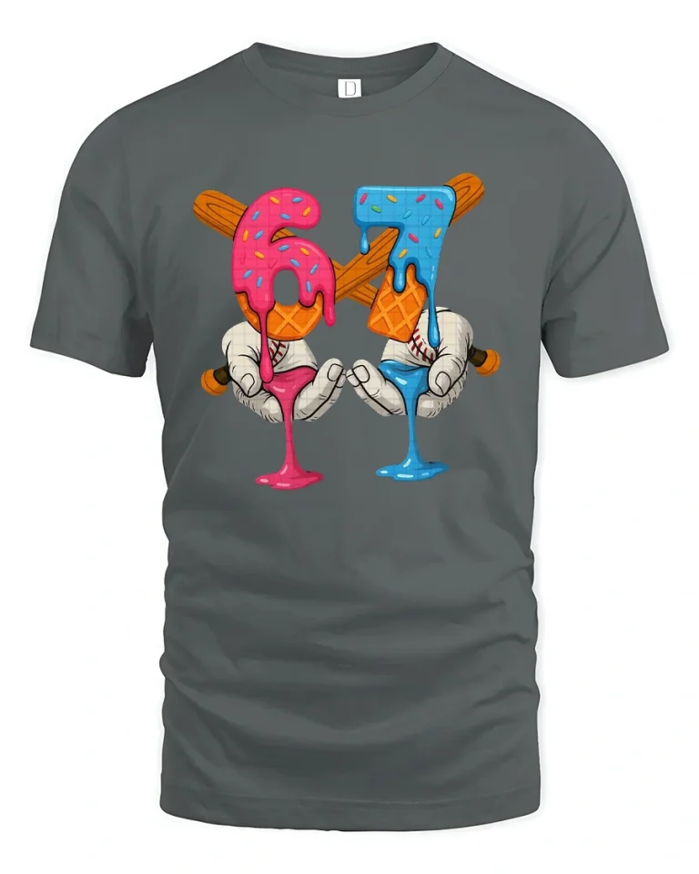 67 Ice Cream Baseball Graphic T Shirt Funny Drip Art - gray t-shirt on white background