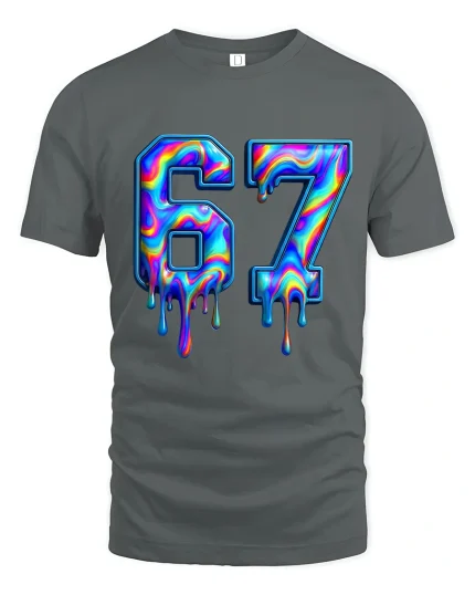 67 Drip Color Graphic T Shirt Melting Rainbow Number Art - gray t-shirt on white background