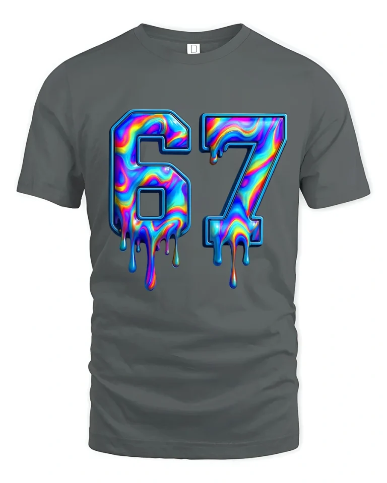 67 Drip Color Graphic T Shirt Melting Rainbow Number Art - gray t-shirt on white background