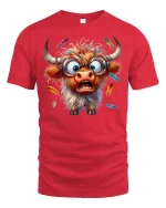 Funny Crazy Highland Cow Graphic T Shirt Wild Cartoon Art - red t-shirt on white background