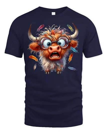 Funny Crazy Highland Cow Graphic T Shirt Wild Cartoon Art - navy t-shirt on white background