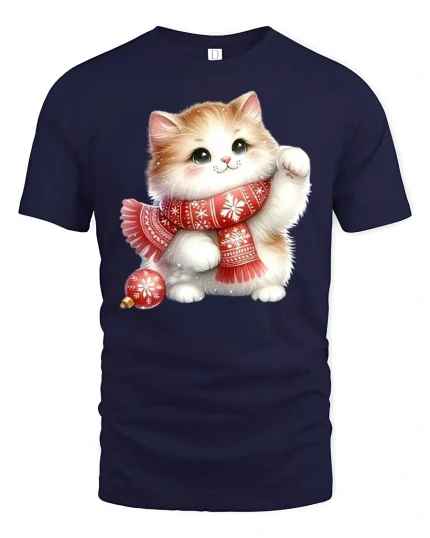 Cute Winter Kitten Graphic T Shirt Cozy Scarf Holiday Art - navy t-shirt on white background
