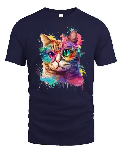 Colorful Cat With Glasses Graphic T Shirt Vibrant Art Style - navy t-shirt on white background