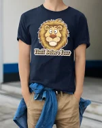 Funny Lion Fluff Before Fear Graphic T Shirt Cute Humor Art - model wearing navy tee with hands in pockets
