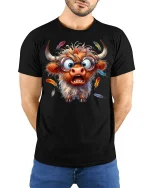 Funny Crazy Highland Cow Graphic T Shirt Wild Cartoon Art - model wearing black tee with hands behind back