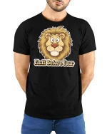Funny Lion Fluff Before Fear Graphic T Shirt Cute Humor Art - model wearing black tee with hands behind back