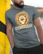 Funny Lion Fluff Before Fear Graphic T Shirt Cute Humor Art - model wearing grey tee, leaning on column