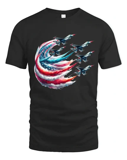 American Freedom Jet Formation Graphic Patriot Power Tee - black t-shirt on white background