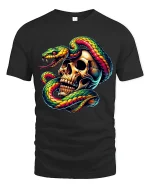 Vivid Snake Wrapped Skull Art Dark Fantasy Power Graphic Tee - black t-shirt on white background