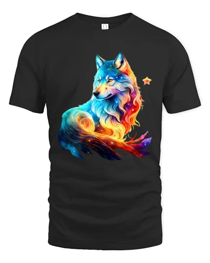 Cosmic Color Wolf Spirit Art Galaxy Energy Graphic Tee - black t-shirt on white background