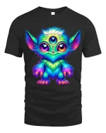 Cute Rainbow Alien Creature Big Eyes Fantasy Art Graphic Tee - black t-shirt on white background
