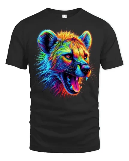 Fierce Rainbow Wolf Roar Neon Power Animal Art Graphic Tee - black t-shirt on white background